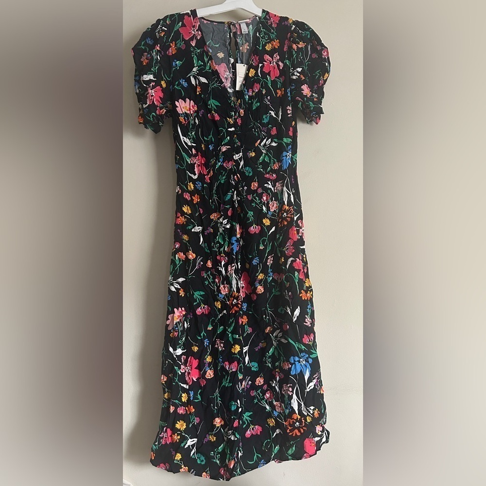 A New Day Women's Puff Short Sleeve Ruched A-Line Dress Black Floral Size L